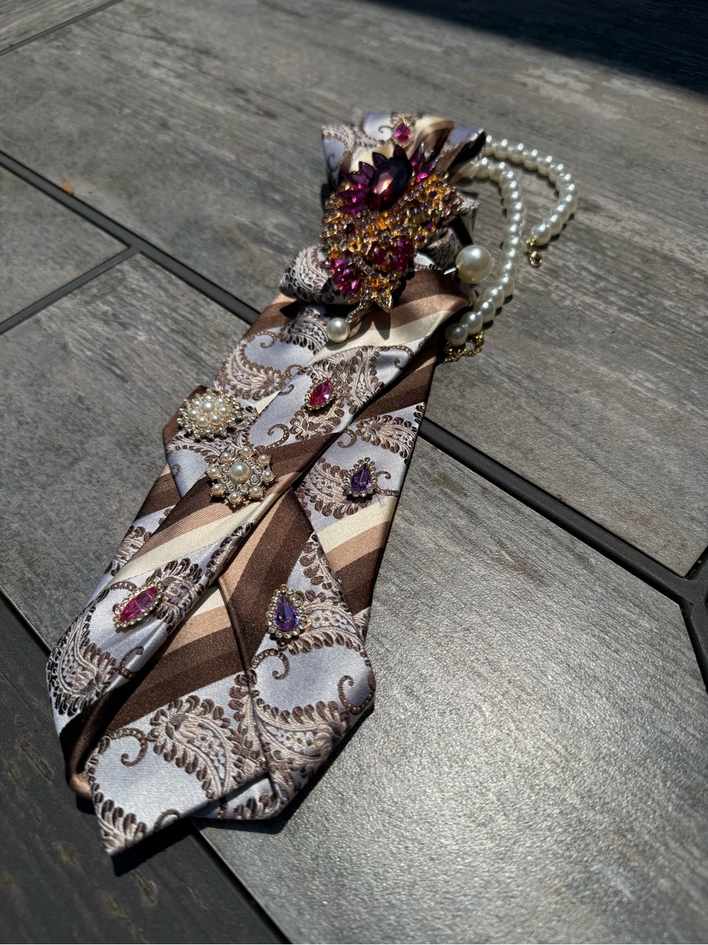 Brown & Beige Paisley Silk Tie with Purple and Pink Jewel Embellishments